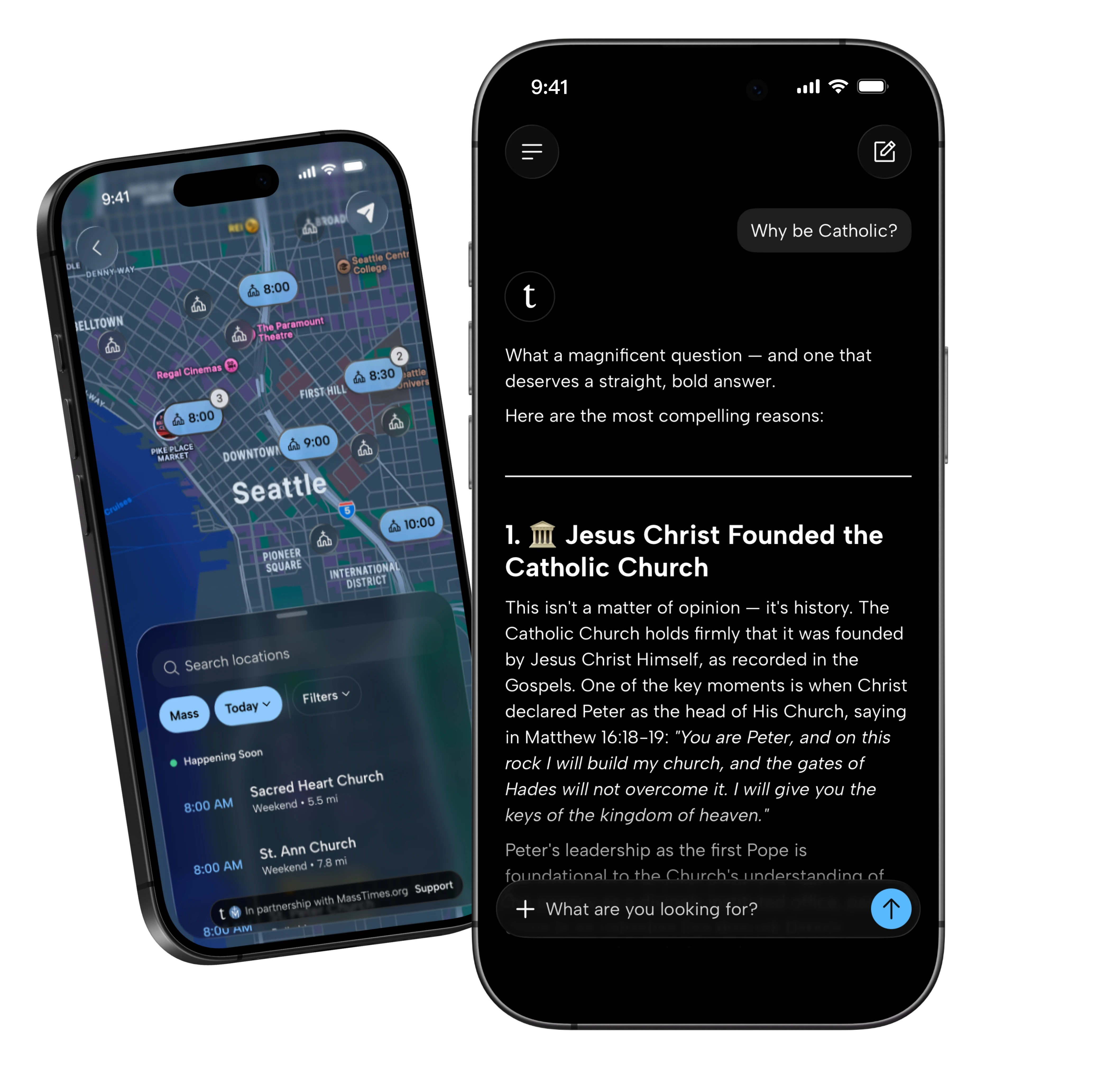 Truthly Mass finder showing nearby Mass times, and Truthly chat answering a question with a clear Catholic perspective