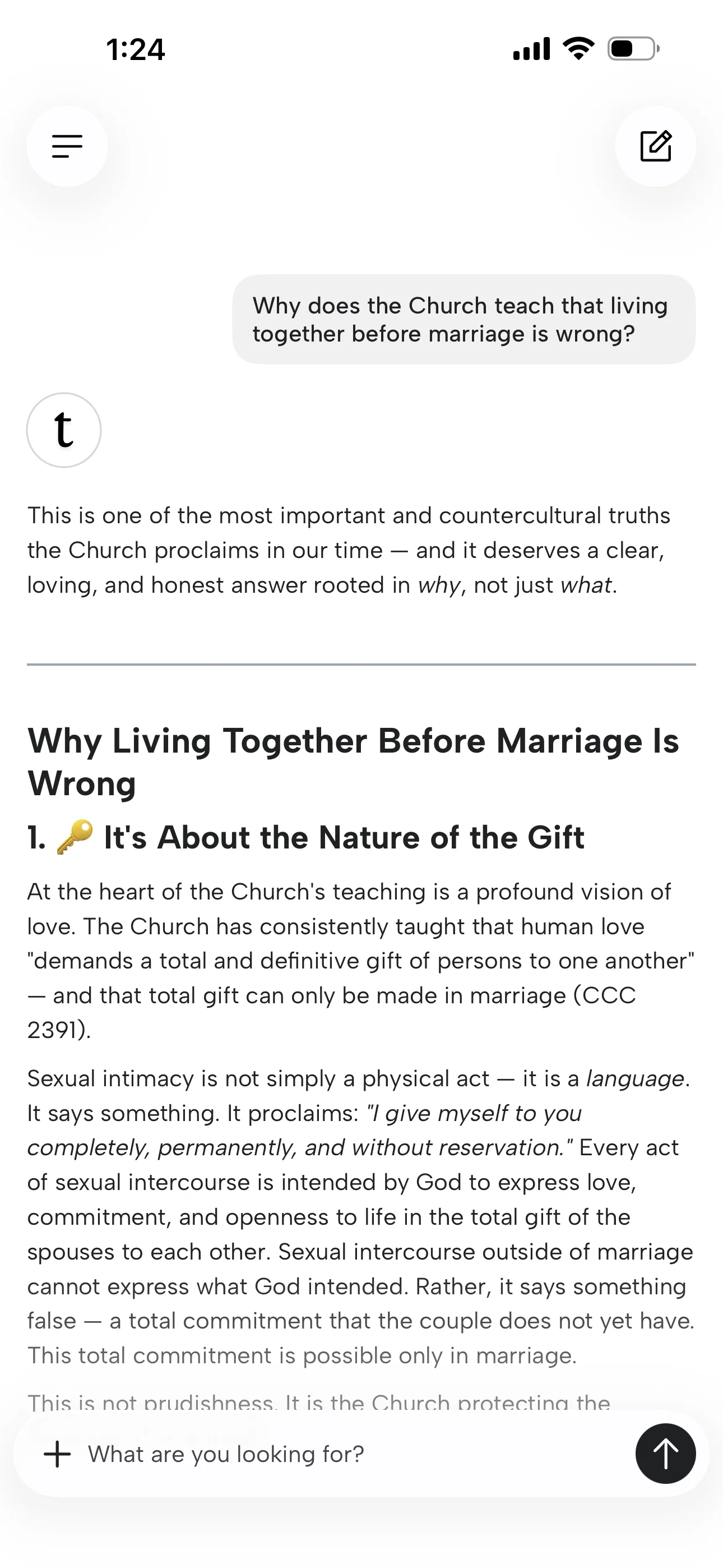 Truthly answering "Why does the Church teach that living together before marriage is wrong?"