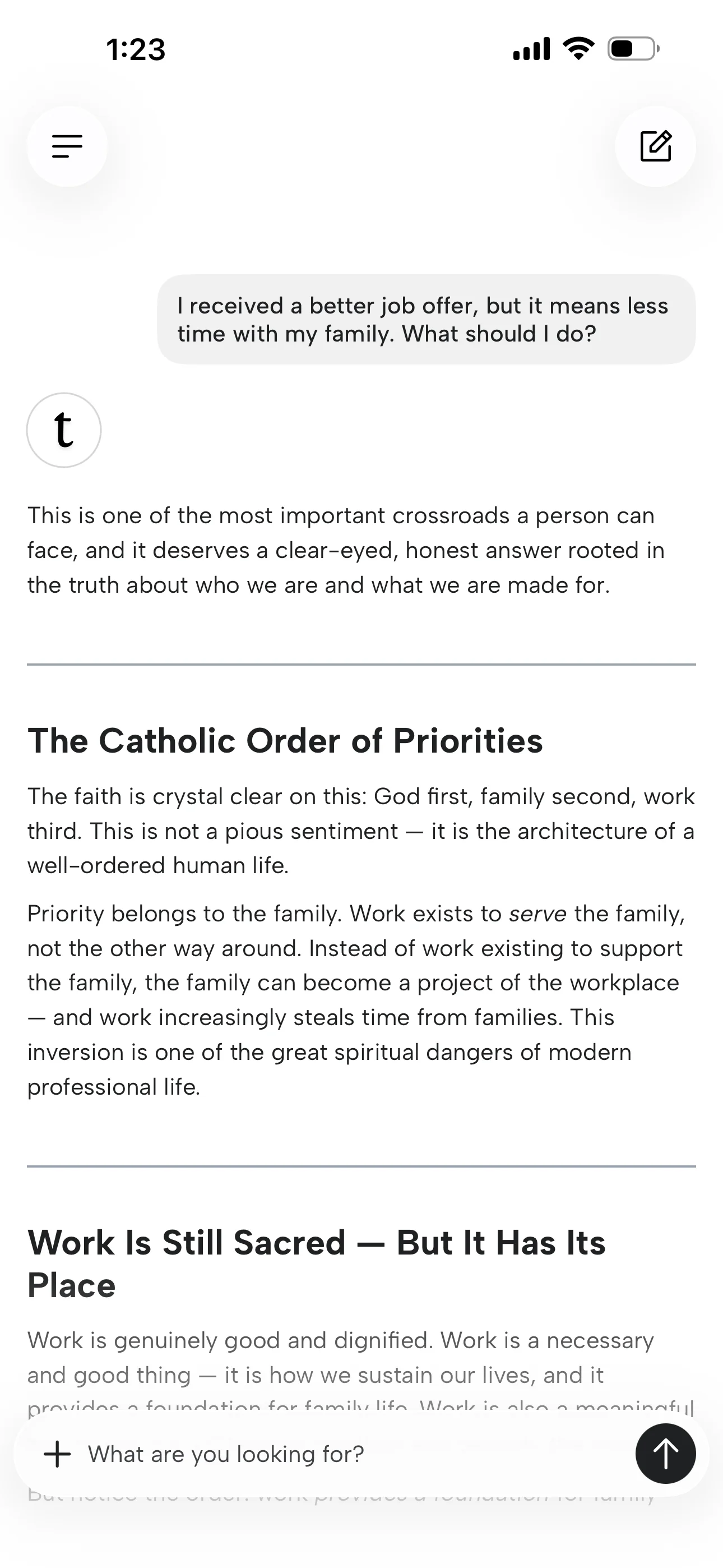 Truthly answering "I received a better job offer, but it means less time with my family. What should I do?"